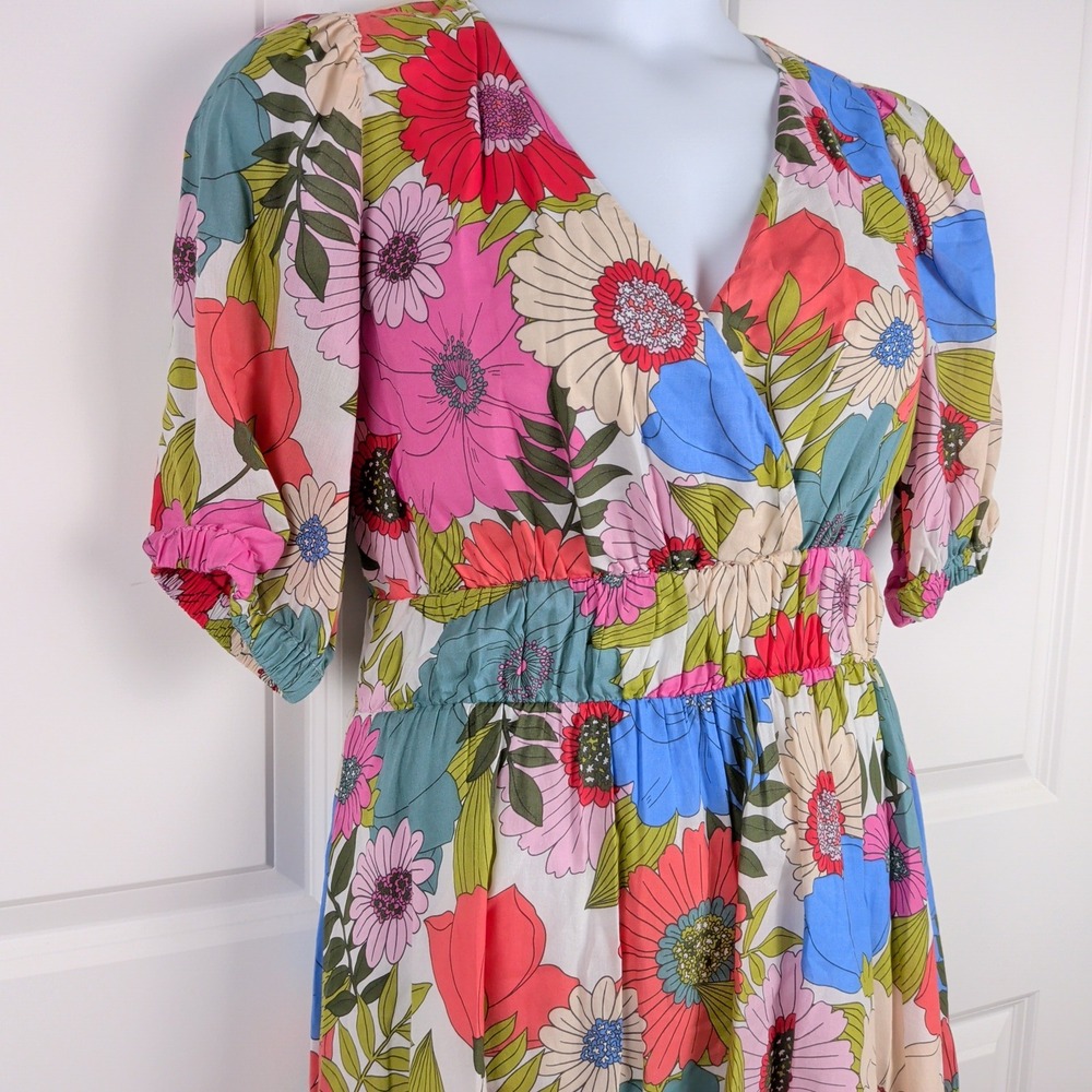 Floral Elastic Waist Mini Dress On 34th Women Small Puff Sleeve 70s Psychedelic
